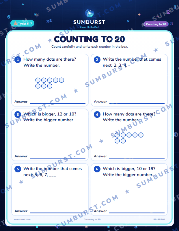 Preview of the Counting to 20 worksheet