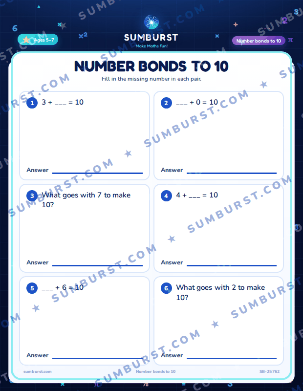 Preview of the Number Bonds to 10 worksheet