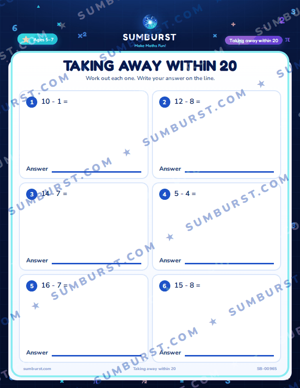 Preview of the Taking Away Within 20 worksheet