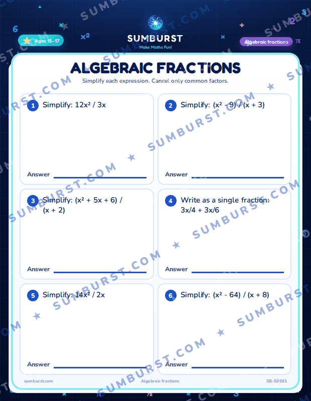 Preview of the Algebraic Fractions worksheet