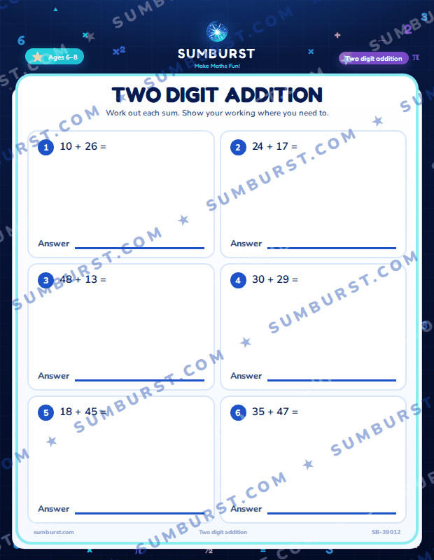 Preview of the Two Digit Addition worksheet
