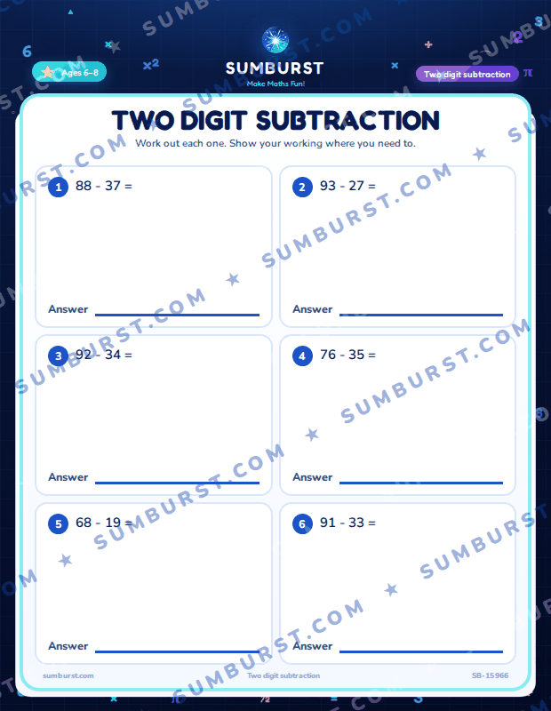 Preview of the Two Digit Subtraction worksheet