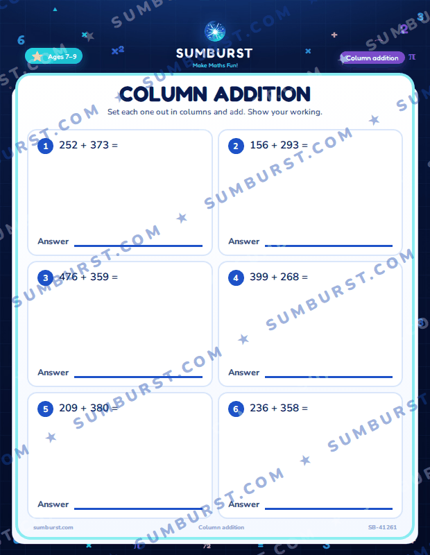 Preview of the Column Addition worksheet