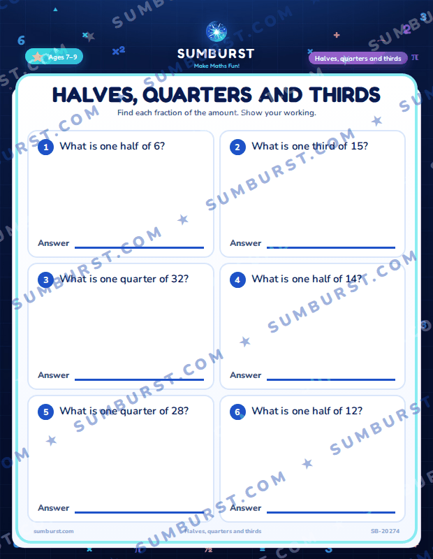 Preview of the Halves, Quarters and Thirds worksheet