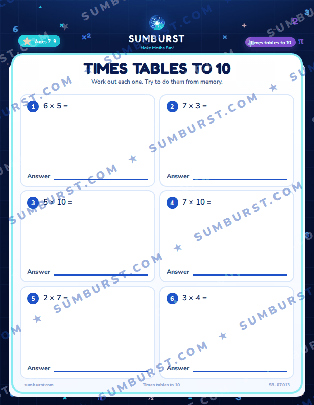 Preview of the Times Tables to 10 worksheet