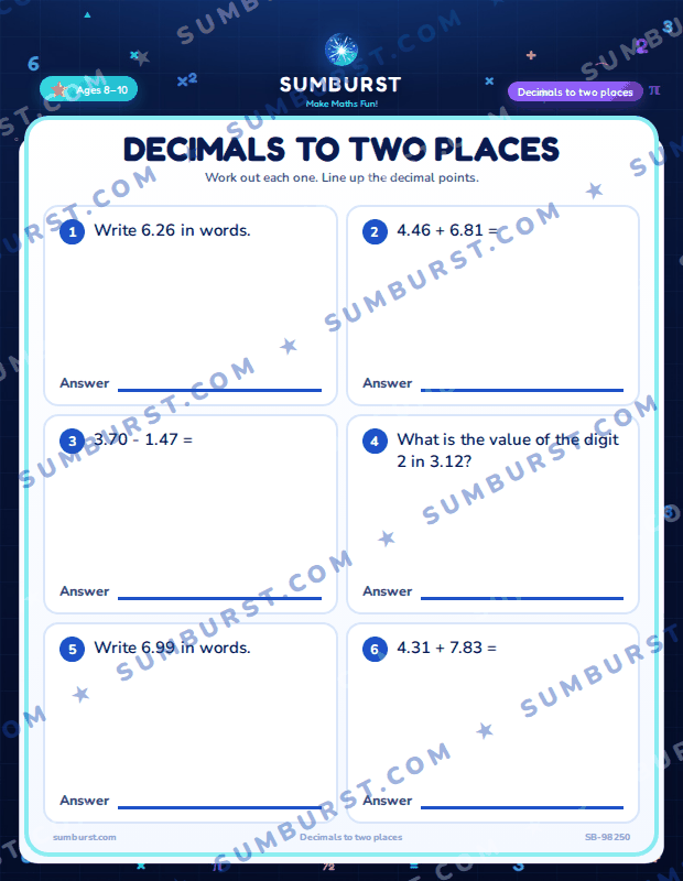 Preview of the Decimals to Two Places worksheet