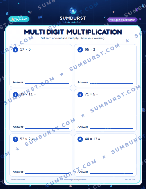 Preview of the Multi Digit Multiplication worksheet