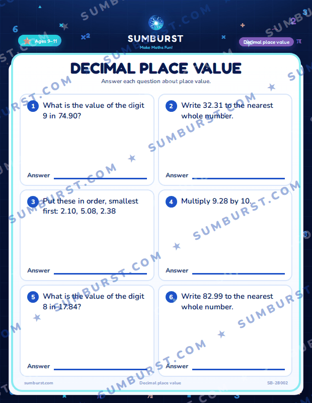 Preview of the Decimal Place Value worksheet