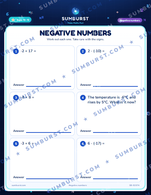 Preview of the Negative Numbers worksheet