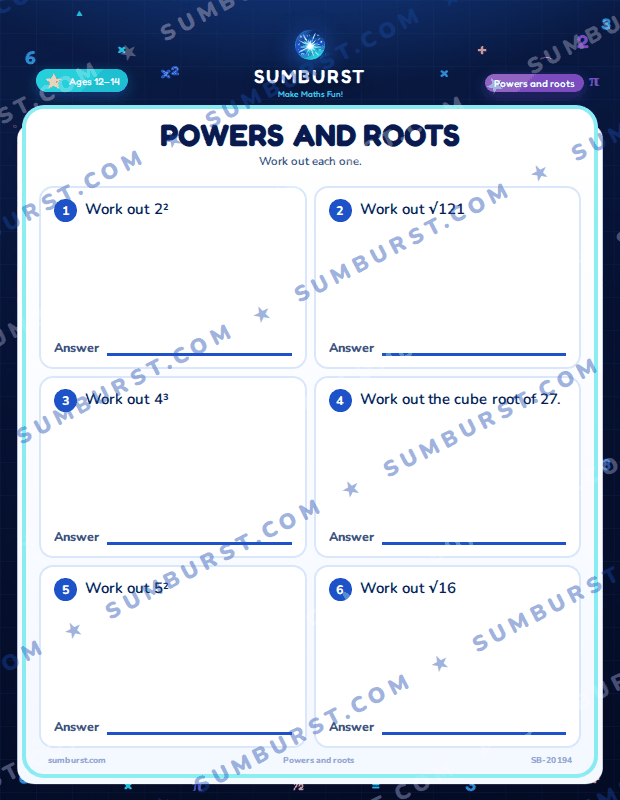 Preview of the Powers and Roots worksheet