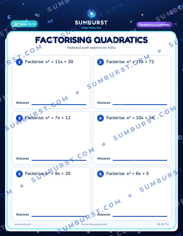 Preview of the Factorising Quadratics worksheet