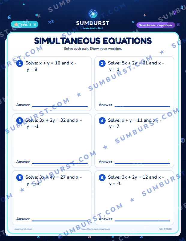 Preview of the Simultaneous Equations worksheet