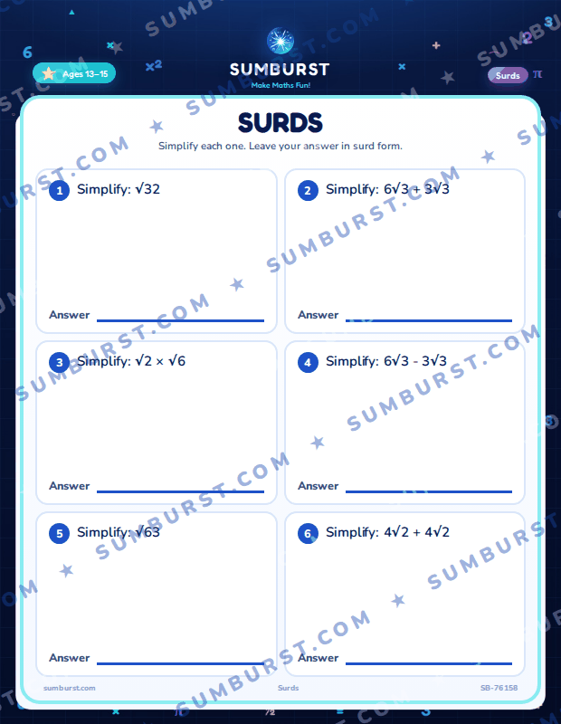 Preview of the Surds worksheet